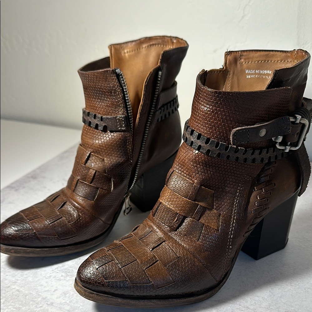 A.S.98 Women’s Brown Woven Leather Ankle Booties